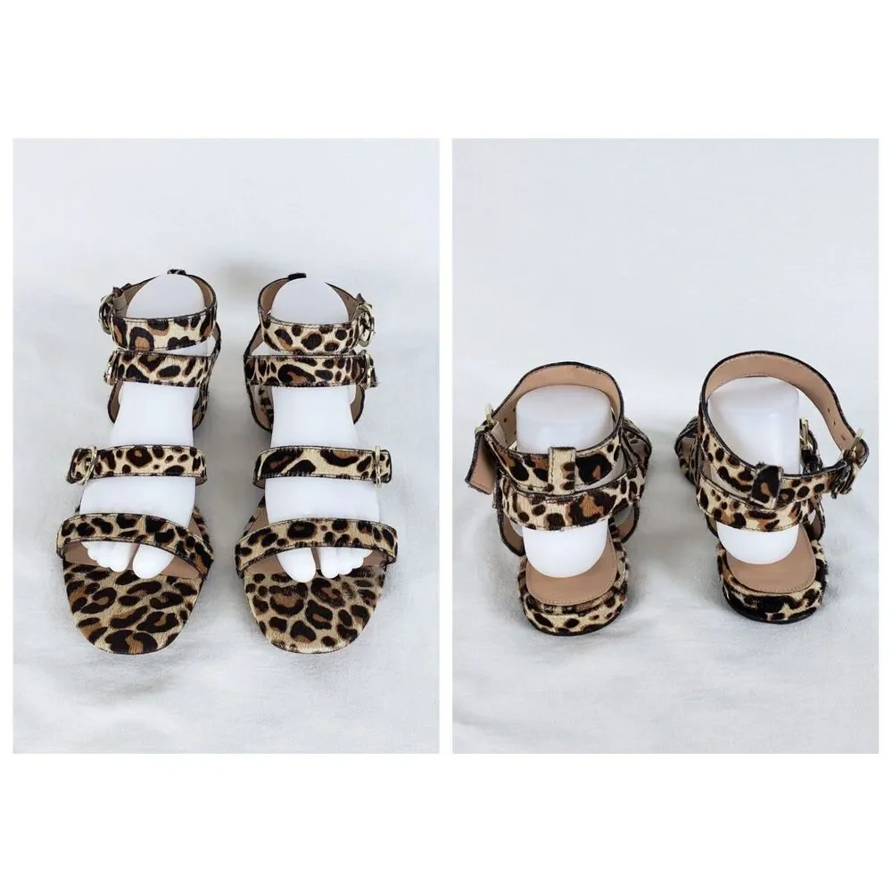 J.Crew Resort Vacation Calf Hair Leopard Sandals Womens 9 Ankle Strap Buckles